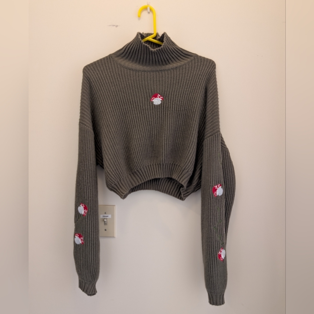 Romwe Embroidered Mushroom Knit Sweater Cottagecore